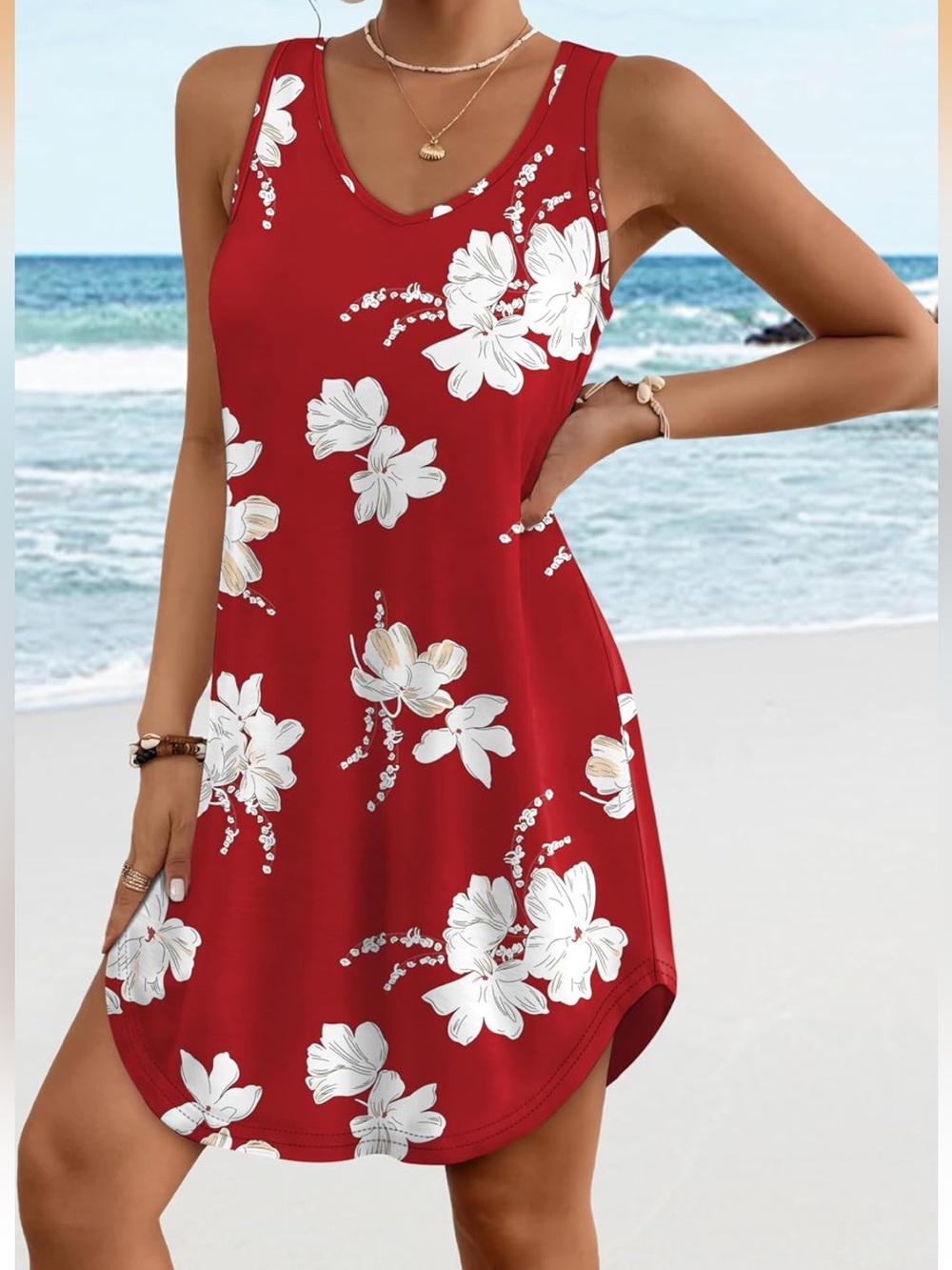 Never Worn! Red Floral Sleeveless V-Neck Dress. Size XL.